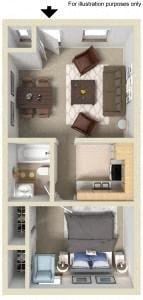 Floor plan for 1 bed, 1 bath, 512 sqft